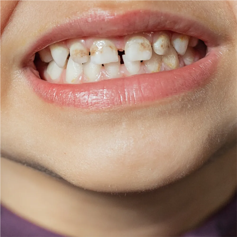 Before and after images of ruined teeth. These images show a result of the work of the dentist.